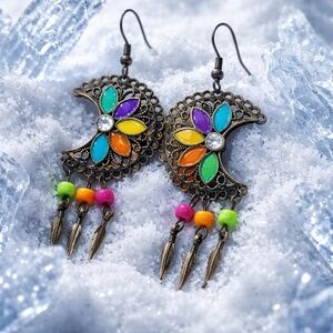 Handmade Red Bead Drop Earrings Vintage Style Silver Tone Artisan Jewelry